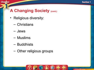 A Changing Society (cont.)
• Religious diversity:
  – Christians
  – Jews
  – Muslims
  – Buddhists
  – Other religious groups
 