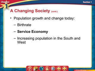 A Changing Society (cont.)
• Population growth and change today:
  – Birthrate
  – Service Economy
  – Increasing population in the South and
    West
 