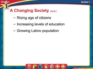 A Changing Society (cont.)
 – Rising age of citizens
 – Increasing levels of education
 – Growing Latino population
 
