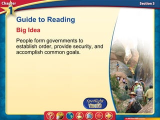Guide to Reading
Big Idea
People form governments to
establish order, provide security, and
accomplish common goals.
 