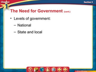 The Need for Government (cont.)
• Levels of government:
  – National
  – State and local
 