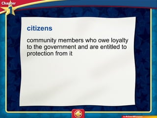 citizens
community members who owe loyalty
to the government and are entitled to
protection from it
 