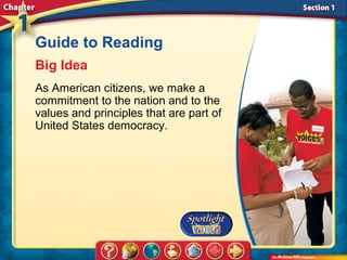 Guide to Reading
Big Idea
As American citizens, we make a
commitment to the nation and to the
values and principles that are part of
United States democracy.
 