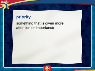 priority
something that is given more
attention or importance
 