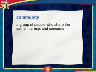 community
a group of people who share the
same interests and concerns
 