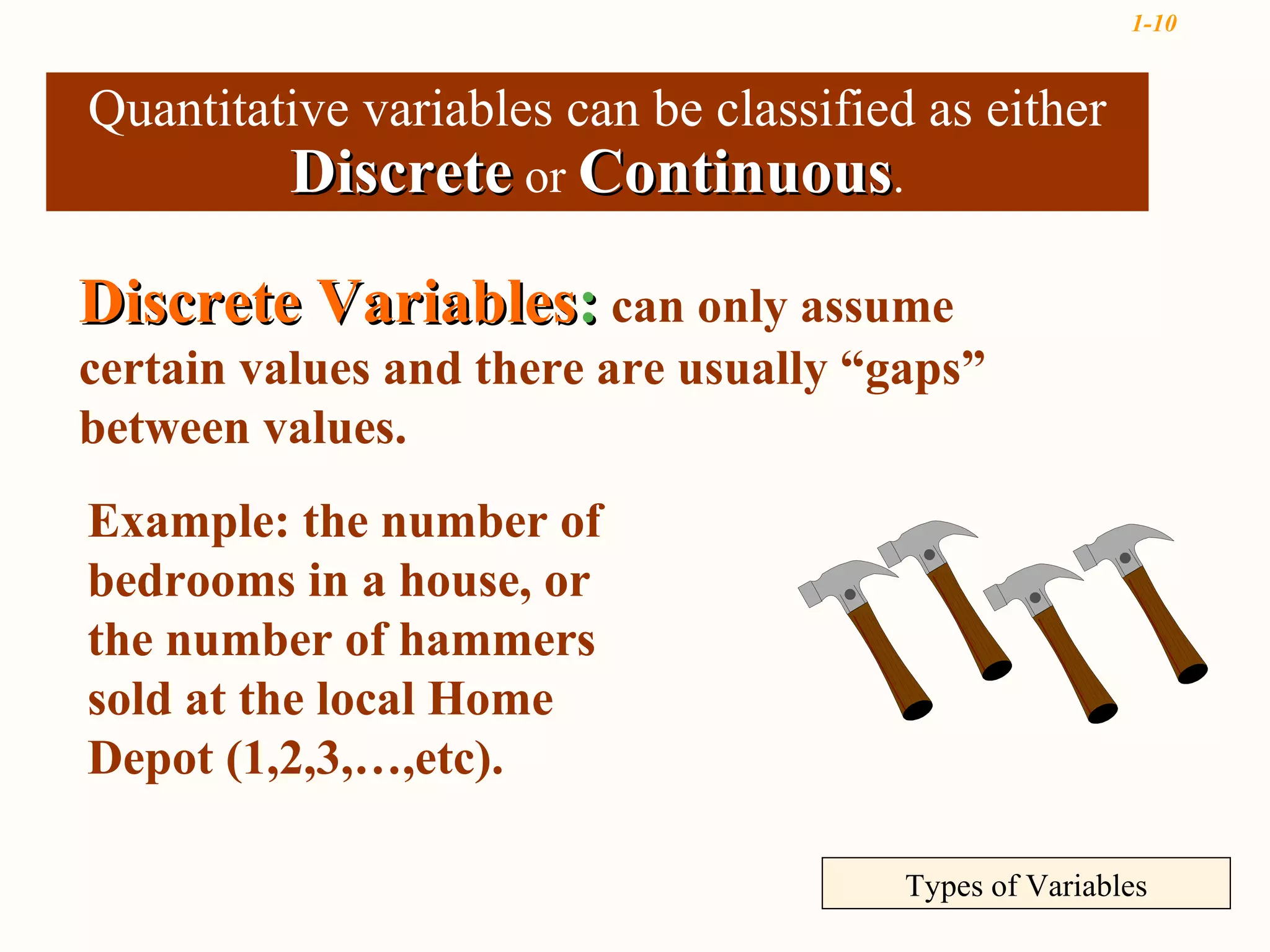 1-10


Quantitative variables can be classified as either
          Discrete or Continuous.

Discrete Variables: can only assume
certain values and there are usually “gaps”
between values.
Example: the number of
bedrooms in a house, or
the number of hammers
sold at the local Home
Depot (1,2,3,…,etc).

                                        Types of Variables
 