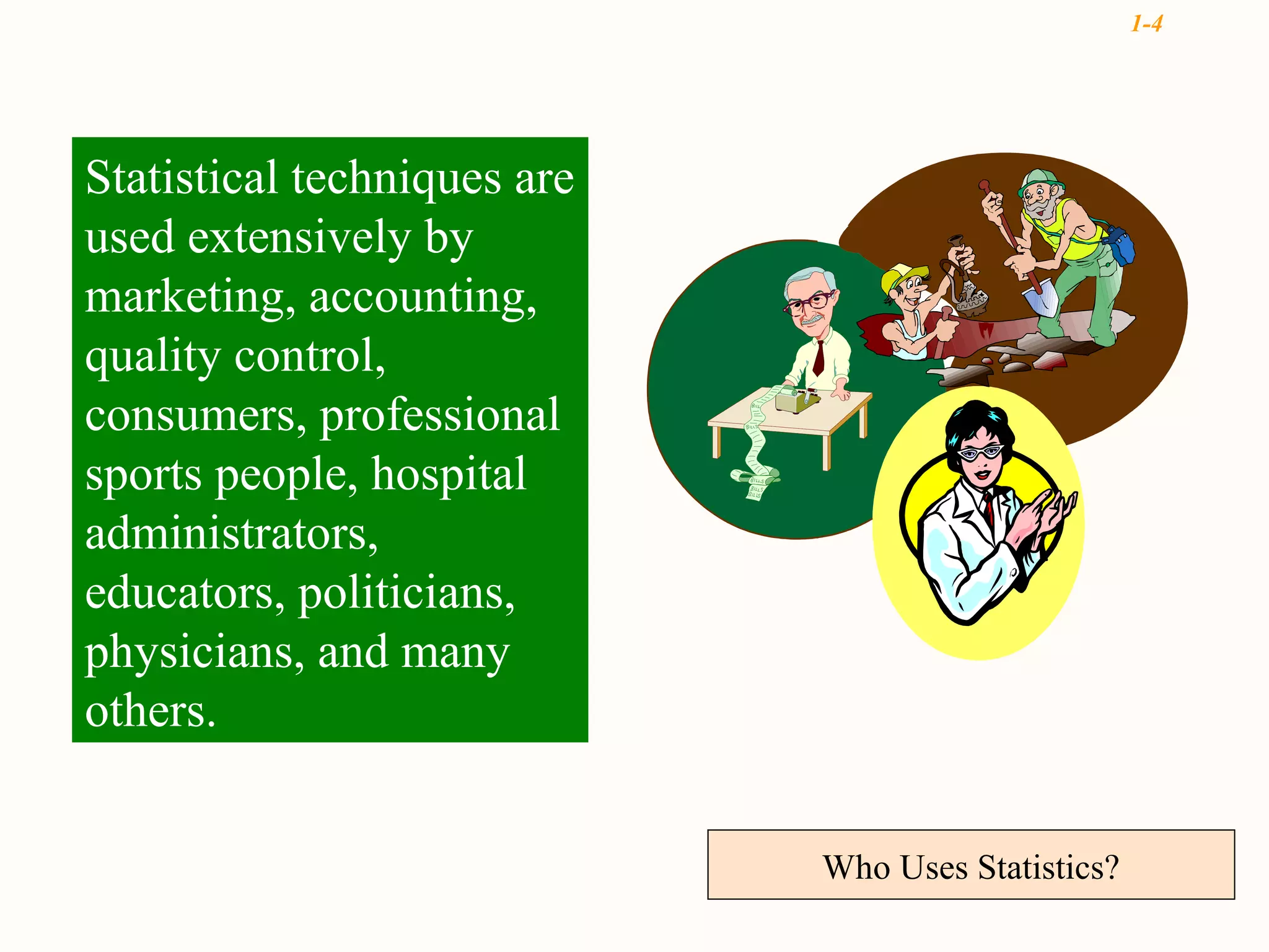 1-4




Statistical techniques are
used extensively by
marketing, accounting,
quality control,
consumers, professional
sports people, hospital
administrators,
educators, politicians,
physicians, and many
others.


                             Who Uses Statistics?
 