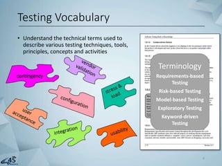 • Understand the technical terms used to
describe various testing techniques, tools,
principles, concepts and activities
Testing Vocabulary
Terminology
Requirements-based
Testing
Risk-based Testing
Model-based Testing
Exploratory Testing
Keyword-driven
Testing
contingency
4
 