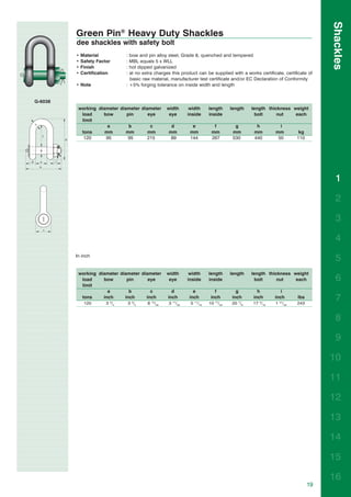 Shackles
         Green Pin® Heavy Duty Shackles
         dee shackles with safety bolt
         •   Material           : bow and pin alloy steel, Grade 8, quenched and tempered
         •   Safety Factor      : MBL equals 5 x WLL
         •   Finish             : hot dipped galvanized
         •   Certification      : at no extra charges this product can be supplied with a works certificate, certificate of
                                  basic raw material, manufacturer test certificate and/or EC Declaration of Conformity
         • Note                 : +5% forging tolerance on inside width and length


G-6038
          working diameter diameter diameter               width           width          length          length   length thickness weight
           load     bow       pin      eye                  eye           inside          inside                     bolt     nut    each
           limit
                      a        b        c                   d               e               f               g        h         i
           tons      mm       mm       mm                  mm              mm              mm              mm       mm       mm              kg
            120      95        95      215                  89             144             267             530      440       50            110




                                                                                                                                                         1

                                                                                                                                                         2

                                                                                                                                                         3

                                                                                                                                                         4
         In inch
                                                                                                                                                         5
          working diameter diameter diameter               width           width          length          length   length thickness weight
           load     bow       pin      eye                  eye           inside          inside                     bolt     nut    each                6
           limit
                      a        b        c                    d              e               f               g        h          i
           tons
              120
                    inch
                        3 3/4
                             inch     inch
                                    3 3/4   8   15
                                                     /32
                                                           inch
                                                           3   17
                                                                    /32
                                                                          inch
                                                                           5   11
                                                                                    /16
                                                                                          inch
                                                                                          10   17
                                                                                                    /32
                                                                                                          inch
                                                                                                          20 7/8
                                                                                                                   inch
                                                                                                                   17 5/16
                                                                                                                             inch
                                                                                                                             1   31
                                                                                                                                      /32
                                                                                                                                            lbs
                                                                                                                                            243
                                                                                                                                                         7

                                                                                                                                                         8

                                                                                                                                                         9

                                                                                                                                                       10

                                                                                                                                                       11

                                                                                                                                                       12

                                                                                                                                                       13

                                                                                                                                                       14

                                                                                                                                                       15

                                                                                                                                                       16
                                                                                                                                                  19
 