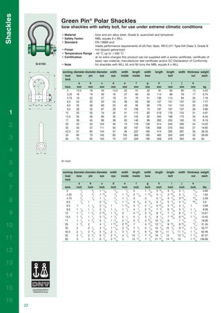 Shackles
                         Green Pin® Polar Shackles
                         bow shackles with safety bolt, for use under extreme climatic conditions
                         • Material          : bow and pin alloy steel, Grade 8, quenched and tempered
                         • Safety Factor     : MBL equals 8 x WLL
                         • Standard          : EN 13889 and
                                               meets performance requirements of US Fed. Spec. RR-C-271 Type IVA Class 3, Grade B
                         • Finish            : hot dipped galvanized
                         • Temperature Range : -40 °C up to +200 °C
                         • Certification     : at no extra charges this product can be supplied with a works certificate, certificate of
                                               basic raw material, manufacturer test certificate and/or EC Declaration of Conformity
                G-5163   • Note              : for shackles with WLL 55 and 85 tons the MBL equals 6 x WLL

                         working diameter diameter diameter width          width     length     width     length     length     width thickness weight
                          load     bow       pin      eye    eye          inside     inside     bow                    bolt               nut    each
                          limit
                                     a        b        c      d             e          f         g          h           i         j         k
                          tons      mm       mm       mm     mm            mm         mm        mm         mm         mm         mm        mm           kg
                            2      13.5       16       34     13.5          22         51        32         91         83         63        13          0.42
                            3.25   16         19       40     16            27         64        43        114         99         79        17          0.74
                            4.75   19         22       47     19            31         76        51        136        115         94        20          1.18
                            6.5    22         25       53     22            36         83        58        157        131        107        23          1.77
                            8.5    25         28       60     25            43         95        68        176        151        124        25          2.58
                            9.5    28         32       67     28            47        108        75        197        167        137        28          3.66
   1                       12      32         35       74     32            51        115        83        218        179        154        31          4.91
                           13.5    35         38       80     35            57        133        92        240        198        170        34          6.54
                           17      38         42       89     38            60        146        99        262        203        183        19          8.19
   2                       25
                           35
                                   45
                                   50
                                              50
                                              57
                                                      104
                                                      111
                                                              45
                                                              50
                                                                            74
                                                                            83
                                                                                      178
                                                                                      197
                                                                                                126
                                                                                                138
                                                                                                           314
                                                                                                           358
                                                                                                                      244
                                                                                                                      270
                                                                                                                                 226
                                                                                                                                 250
                                                                                                                                            24
                                                                                                                                            27
                                                                                                                                                       14.22
                                                                                                                                                       19.85
                           42.5    57         65      134     57            95        222       160        414        302        287        30         28.33
                           55      65         70      145     65           105        260       180        463        330        329        33         39.59
   3                       85      75         83      163     75           127        329       190        556        376        355        40         62



   4

   5                     In inch


                         working diameter diameter diameter width          width     length     width     length     length     width thickness weight
   6                      load     bow       pin      eye      eye        inside     inside     bow                    bolt               nut    each
                          limit
                                     a        b        c        d           e           f         g          h           i         j         k
   7                      tons
                            2
                                   inch
                                       1
                                         /2
                                            inch
                                                5
                                                  /8
                                                     inch
                                                      1 11/32
                                                              inch
                                                                 17
                                                                    /32
                                                                          inch
                                                                              7
                                                                                /8
                                                                                      inch
                                                                                      2
                                                                                                inch
                                                                                                1 9/32
                                                                                                           inch
                                                                                                           3 19/32
                                                                                                                      inch
                                                                                                                      3 9/32
                                                                                                                                 inch
                                                                                                                                 2 1/2
                                                                                                                                           inch
                                                                                                                                             17
                                                                                                                                                /32
                                                                                                                                                        lbs
                                                                                                                                                        0.92
                                       5        3
                            3.25         /8       /4  1 19/32     5
                                                                    /8    1 3/32      2 17/32   1 23/32    4 1/2      3 29/32    3 1/8       11
                                                                                                                                                /16     1.62
                                       3        7
                            4.75         /4       /8  1 7/8       3
                                                                    /4    1 1/4       3         2          5 11/32    4 17/32    3 23/32     25
                                                                                                                                                /32     2.59
   8                        6.5        7
                                         /8 1         2 3/32      7
                                                                    /8    1 7/16      3 9/32    2 9/32     6 5/32     5 5/32     4 3/16      29
                                                                                                                                                /32     3.9
                            8.5    1        1 1 /8    2 11/32 1           1 23/32     3 3/4     2 11/16    6 29/32    5 15/16    4 7/8     1            5.69
                            9.5    1 1 /8   1 1 /4    2 5/8   1 1/8       1 7/8       4 1/4     2 15/16    7 3/4      6 19/32    5 3/8     1 1/8        8.06
   9                      12       1 1 /4   1 3 /8    2 29/32 1 9/32      2           4 17/32   3 9/32     8 9/16     7 1/32     6 3/32    1 1/4       10.81
                          13.5     1 3 /8   1 1 /2    3 5/32  1 3/8       2 1/4       5 1/4     3 5/8      9 7/16     7 25/32    6 23/32   1 11/32     14.42
                          17       1 1 /2   1 5 /8    3 1/2   1 17/32     2 11/32     5 3/4     3 29/32   10 5/16     8          7 3/16       3
                                                                                                                                                /4     18.06
10                        25
                          35
                                   1 3 /4
                                   2
                                            2
                                            2 1 /4
                                                      4 1/8
                                                      4 11/32
                                                              1 25/32
                                                              1 11/32
                                                                          2 29/32
                                                                          3 9/32
                                                                                      7
                                                                                      7 3/4
                                                                                                4 15/16
                                                                                                5 7/16
                                                                                                          12 11/32
                                                                                                          14 3/32
                                                                                                                      9 19/32
                                                                                                                     10 5/8
                                                                                                                                 8 29/32
                                                                                                                                 9 13/16
                                                                                                                                             15
                                                                                                                                                /16
                                                                                                                                           1 3/32
                                                                                                                                                       31.34
                                                                                                                                                       43.77
                          42.5     2 1 /4   2 9/16    5 9/32  2 1/4       3 3/4       8 3/4     6 9/32    16 5/16    11 7/8     11 5/16    1 3/16      62.46
                          55       2 1 /2   2 3 /4    5 3/4   2 9/16      4 1/8      10 1/4     7 3/32    18 1/4     13         12 15/16   1 5/16      87.27
11                        85       3        3 1 /4    6 7/16  3 15/16     5          12 15/16   7 1/2     21 29/32   14 25/32   14         1 19/32    136.69



12

13

14

15

16
           22
 