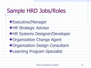 Sample HRD Jobs/Roles Executive/Manager HR Strategic Advisor HR Systems Designer/Developer Organization Change Agent Organization Design Consultant Learning Program Specialist 