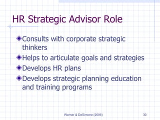 HR Strategic Advisor Role Consults with corporate strategic thinkers Helps to articulate goals and strategies Develops HR plans Develops strategic planning education and training programs 