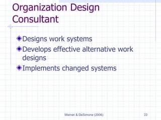 Organization Design Consultant Designs work systems Develops effective alternative work designs Implements changed systems 