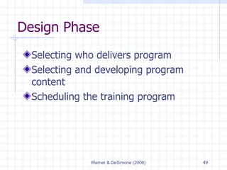 Design Phase Selecting who delivers program Selecting and developing program content Scheduling the training program 