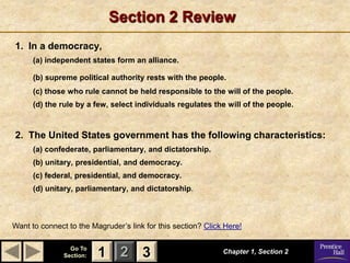 Section 2 Review
1. In a democracy,
      (a) independent states form an alliance.

      (b) supreme political authority rests with the people.
      (c) those who rule cannot be held responsible to the will of the people.
      (d) the rule by a few, select individuals regulates the will of the people.



2. The United States government has the following characteristics:
      (a) confederate, parliamentary, and dictatorship.
      (b) unitary, presidential, and democracy.
      (c) federal, presidential, and democracy.
      (d) unitary, parliamentary, and dictatorship.



Want to connect to the Magruder’s link for this section? Click Here!

                 Go To
               Section:   1 2 3                               Chapter 1, Section 2
 
