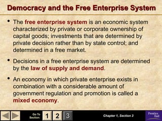 Democracy and the Free Enterprise System
•   The free enterprise system is an economic system
    characterized by private or corporate ownership of
    capital goods; investments that are determined by
    private decision rather than by state control; and
    determined in a free market.
•   Decisions in a free enterprise system are determined
    by the law of supply and demand.
•   An economy in which private enterprise exists in
    combination with a considerable amount of
    government regulation and promotion is called a
    mixed economy.

            Go To
          Section:   1 2 3            Chapter 1, Section 3
 