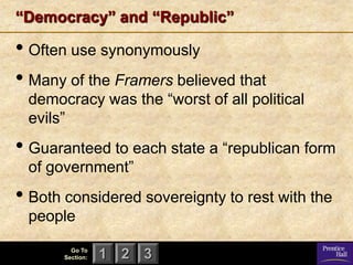“Democracy” and “Republic”

• Often use synonymously
• Many of the Framers believed that
 democracy was the ―worst of all political
 evils‖
• Guaranteed to each state a ―republican form
 of government‖
• Both considered sovereignty to rest with the
 people
         Go To
       Section:   1 2 3
 