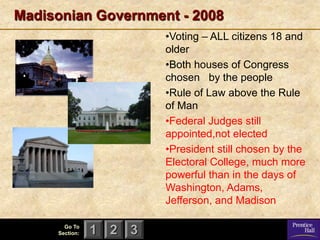 Madisonian Government - 2008
                        •Voting – ALL citizens 18 and
                        older
                        •Both houses of Congress
                        chosen by the people
                        •Rule of Law above the Rule
                        of Man
                        •Federal Judges still
                        appointed,not elected
                        •President still chosen by the
                        Electoral College, much more
                        powerful than in the days of
                        Washington, Adams,
                        Jefferson, and Madison

       Go To
     Section:   1 2 3
 