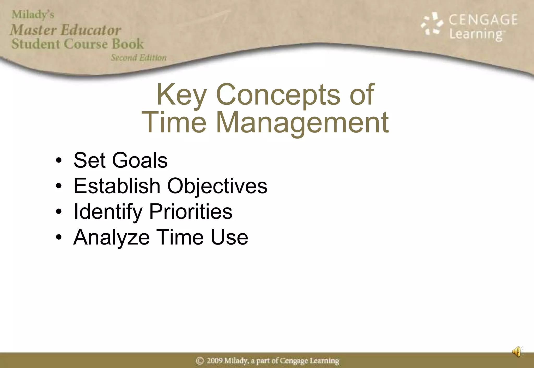 Key Concepts of Time ManagementSet GoalsEstablish ObjectivesIdentify PrioritiesAnalyze Time Use