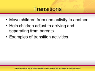 Special Needs ConsiderationsPublic Law 94–142Least restrictive environmentIndividuals with Disabilities Education Act (IDEA)Individualized family services plan (IFSP) for children from birth through age threeEligibilityAssessmentDevelopmentImplementation and monitoringSupport the transitionIndividualized education plan (IEP) for children older than three
