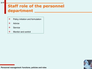 Staff role of the personnel department 2-17 Policy initiation and formulation Advice Service Monitor and control 