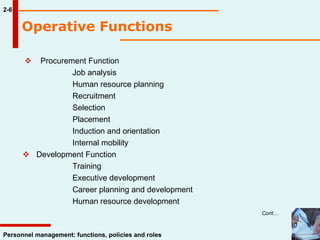 Operative Functions   2-6    Procurement Function Job analysis Human resource planning Recruitment Selection Placement Induction and orientation Internal mobility    Development Function Training Executive development Career planning and development Human resource development      Cont… 