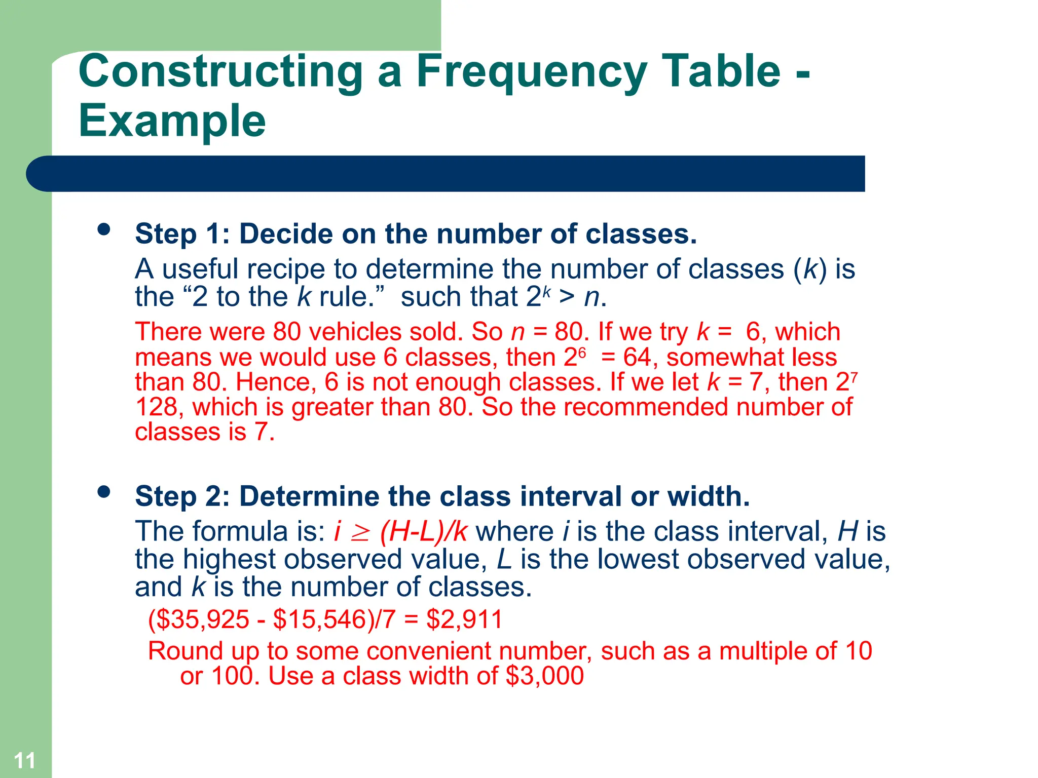 11
Constructing a Frequency Table -
Example
 Step 1: Decide on the number of classes.
A useful recipe to determine the number of classes (k) is
the “2 to the k rule.” such that 2k
> n.
There were 80 vehicles sold. So n = 80. If we try k = 6, which
means we would use 6 classes, then 26
= 64, somewhat less
than 80. Hence, 6 is not enough classes. If we let k = 7, then 27
128, which is greater than 80. So the recommended number of
classes is 7.
 Step 2: Determine the class interval or width.
The formula is: i  (H-L)/k where i is the class interval, H is
the highest observed value, L is the lowest observed value,
and k is the number of classes.
($35,925 - $15,546)/7 = $2,911
Round up to some convenient number, such as a multiple of 10
or 100. Use a class width of $3,000
 