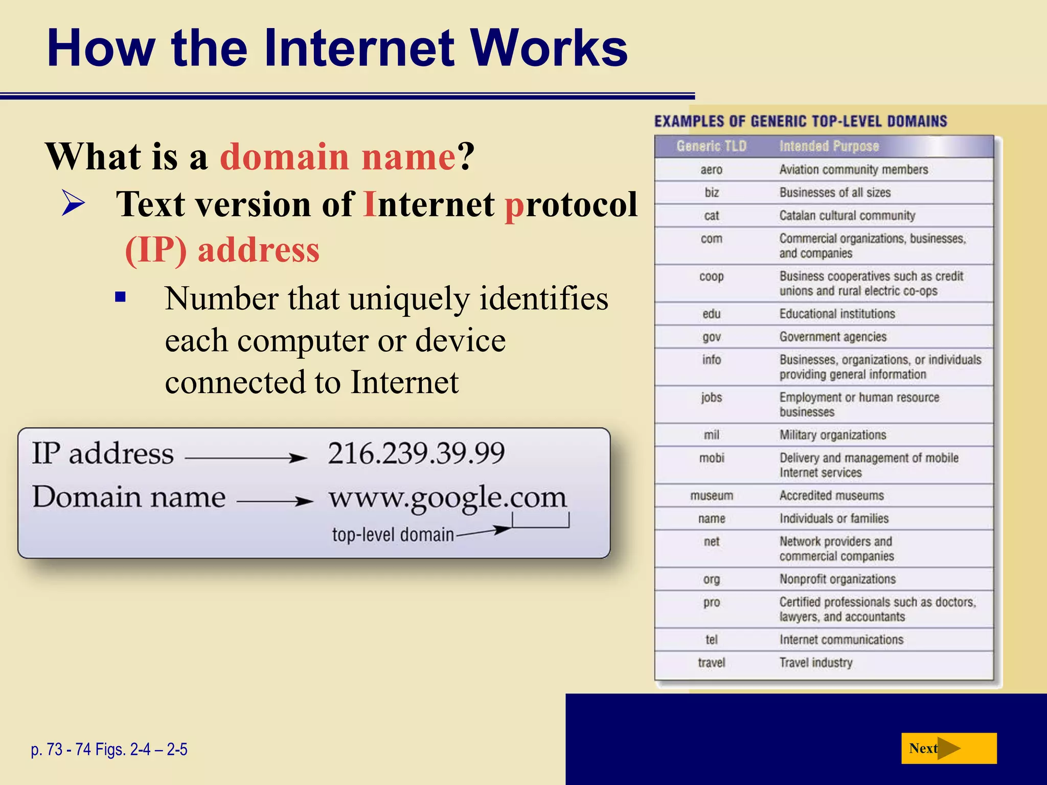 How the Internet Works
  What is a domain name?
     Text version of Internet protocol
      (IP) address
                     Number that uniquely identifies
                      each computer or device
                      connected to Internet




p. 73 - 74 Figs. 2-4 – 2-5                              Next
 