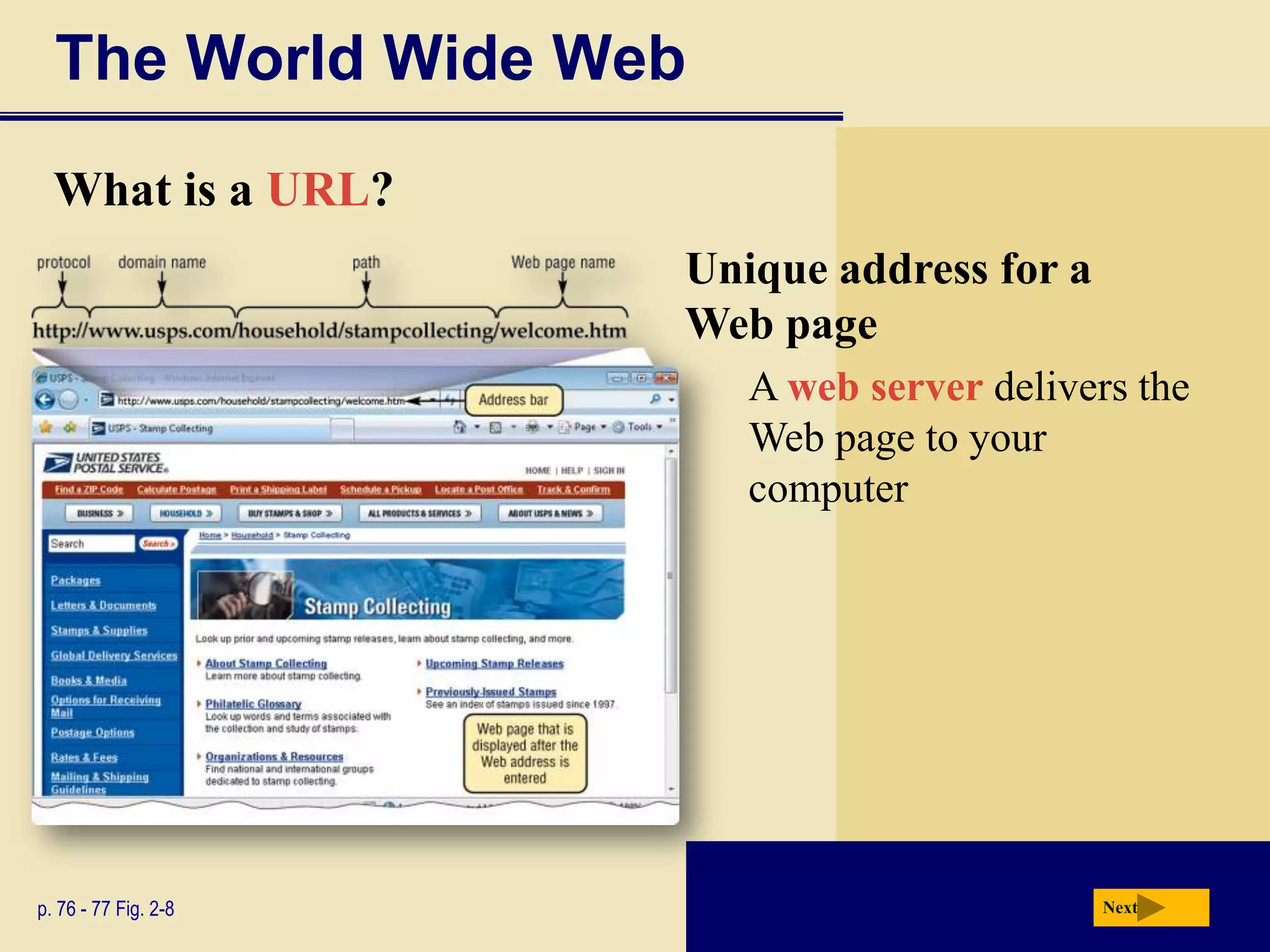 The World Wide Web
  What is a URL?
                      Unique address for a
                      Web page
                         A web server delivers the
                         Web page to your
                         computer




p. 76 - 77 Fig. 2-8                          Next
 