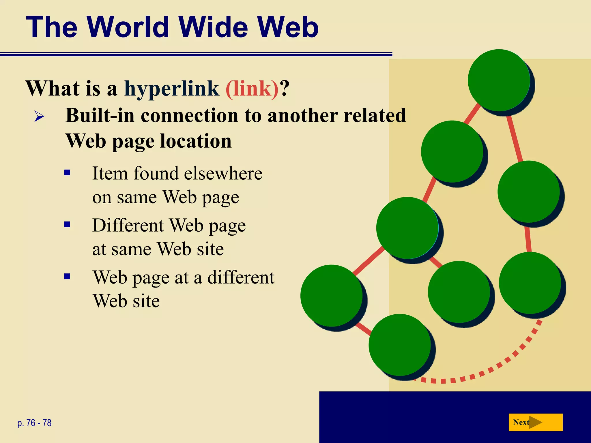The World Wide Web
  What is a hyperlink (link)?
            Built-in connection to another related
             Web page location
                Item found elsewhere
                 on same Web page
                Different Web page
                 at same Web site
                Web page at a different
                 Web site




p. 76 - 78                                            Next
 
