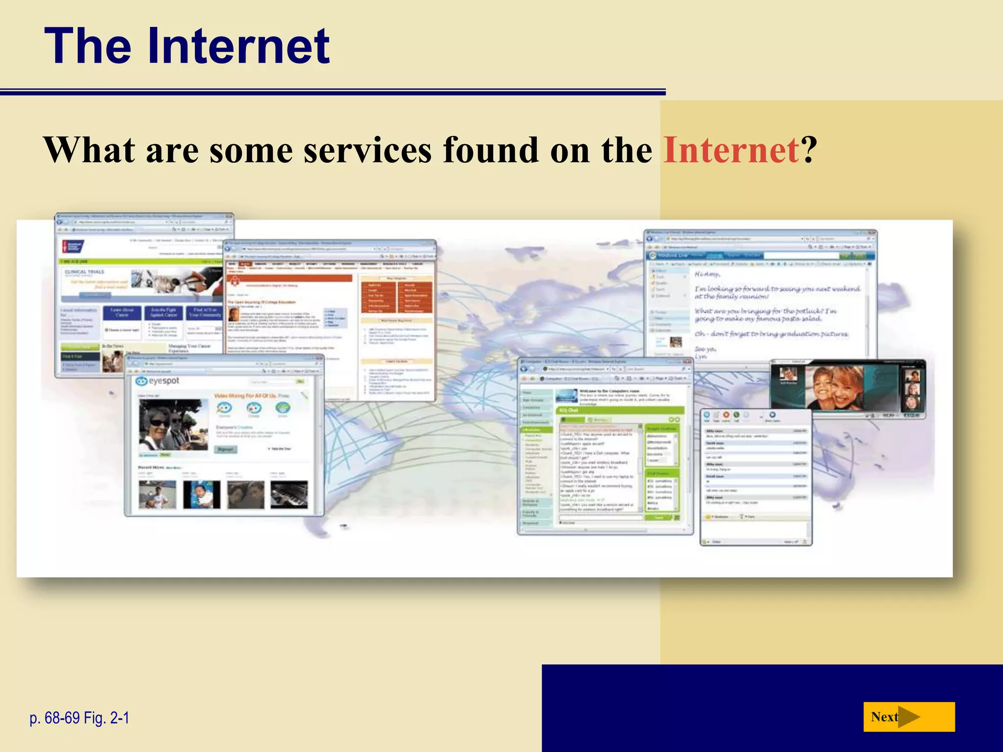 The Internet
  What are some services found on the Internet?




p. 68-69 Fig. 2-1                                 Next
 