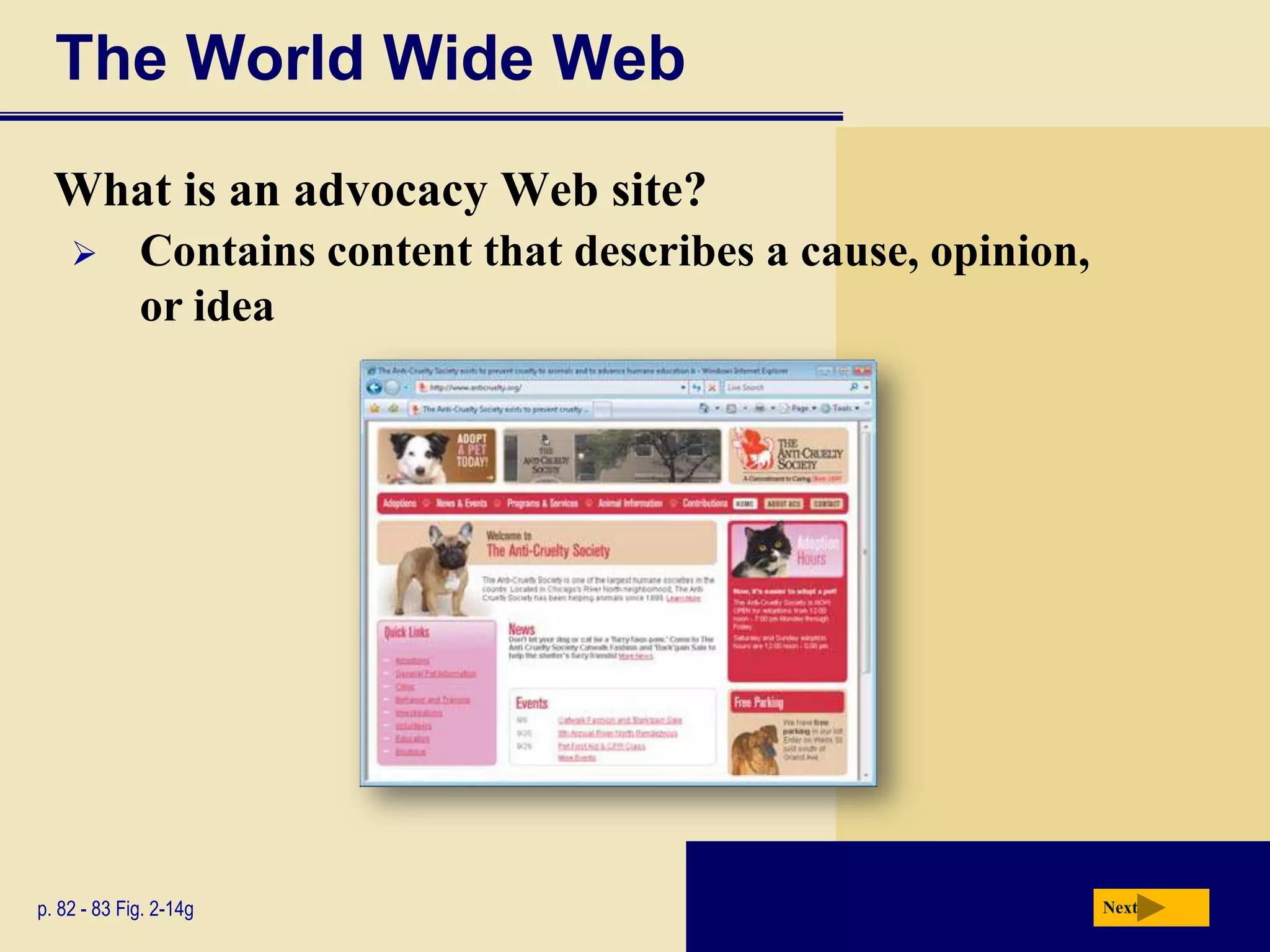 The World Wide Web
  What is an advocacy Web site?
            Contains content that describes a cause, opinion,
             or idea




p. 82 - 83 Fig. 2-14g                                            Next
 