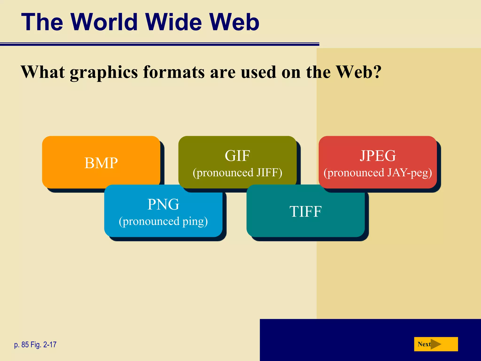 The World Wide Web
  What graphics formats are used on the Web?



                  BMP                       GIF                        JPEG
                                      (pronounced JIFF)          (pronounced JAY-peg)

                             PNG                          TIFF
                        (pronounced ping)




p. 85 Fig. 2-17                                                                   Next
 