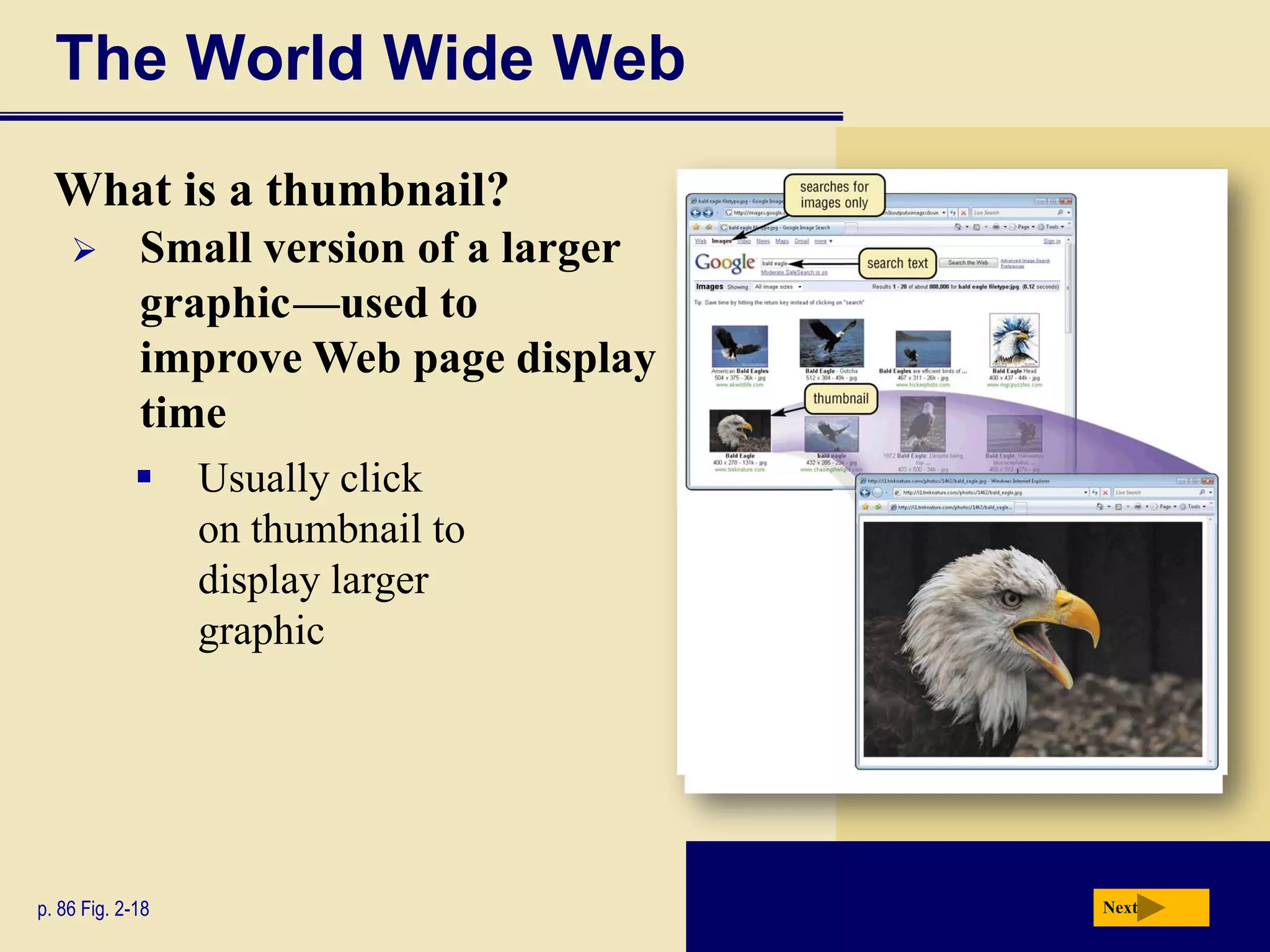 The World Wide Web
  What is a thumbnail?
            Small version of a larger
             graphic —used to
                       c




             improve Web page display
             time
                 Usually click
                  on thumbnail to
                  display larger
                  graphic




p. 86 Fig. 2-18                          Next
 