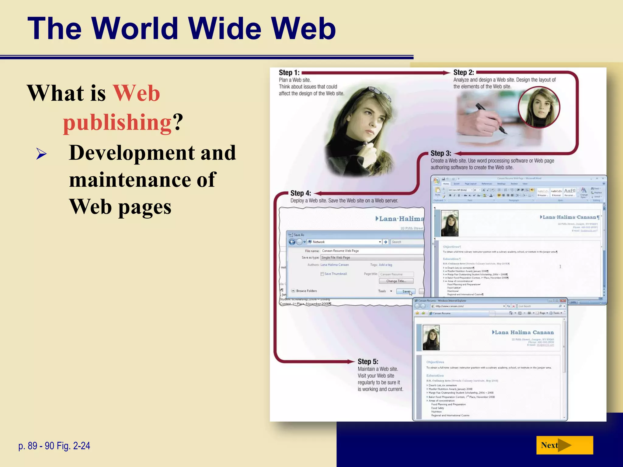 The World Wide Web
  What is Web
    publishing?
            Development and
             maintenance of
             Web pages




p. 89 - 90 Fig. 2-24           Next
 