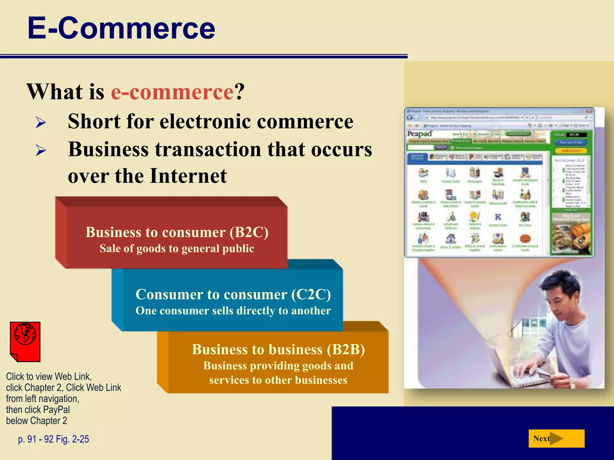 E-Commerce
     What is e-commerce?
               Short for electronic commerce
               Business transaction that occurs
                over the Internet

                     Business to consumer (B2C)
                          Sale of goods to general public


                                  Consumer to consumer (C2C)
                                  One consumer sells directly to another


                                            Business to business (B2B)
                                               Business providing goods and
Click to view Web Link,                         services to other businesses
click Chapter 2, Click Web Link
from left navigation,
then click PayPal
below Chapter 2
   p. 91 - 92 Fig. 2-25                                                        Next
 