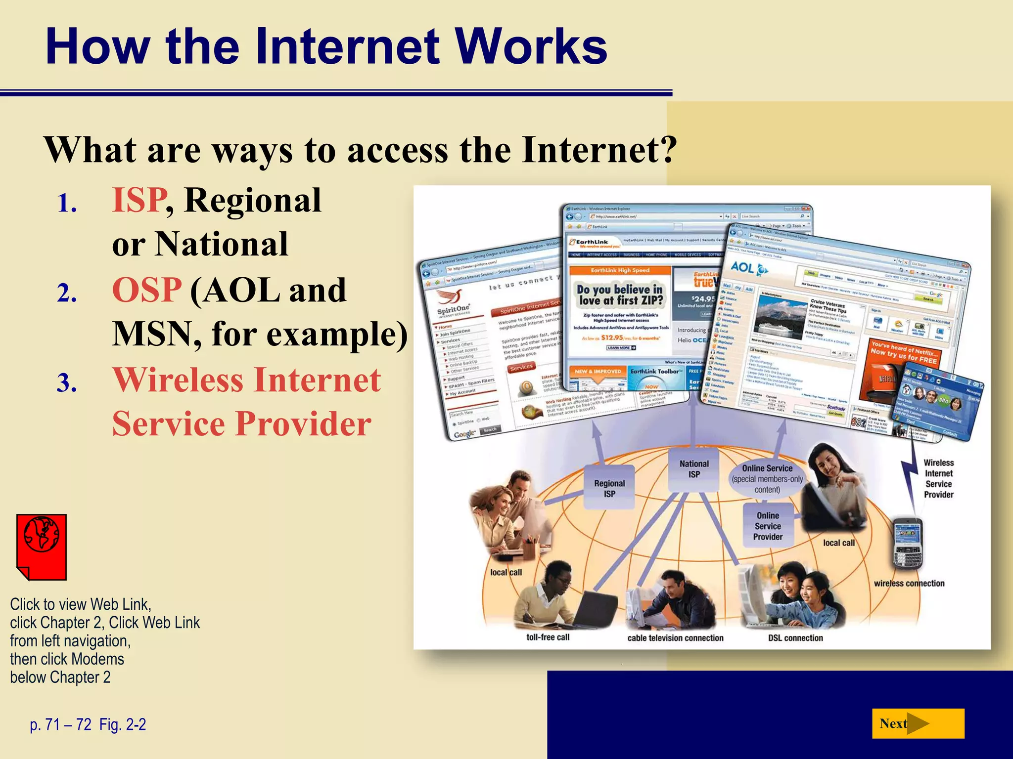 How the Internet Works
     What are ways to access the Internet?
       1.       ISP, Regional
                or National
       2.       OSP (AOL and
                MSN, for example)
       3.       Wireless Internet
                Service Provider



Click to view Web Link,
click Chapter 2, Click Web Link
from left navigation,
then click Modems
below Chapter 2

   p. 71 – 72 Fig. 2-2                       Next
 