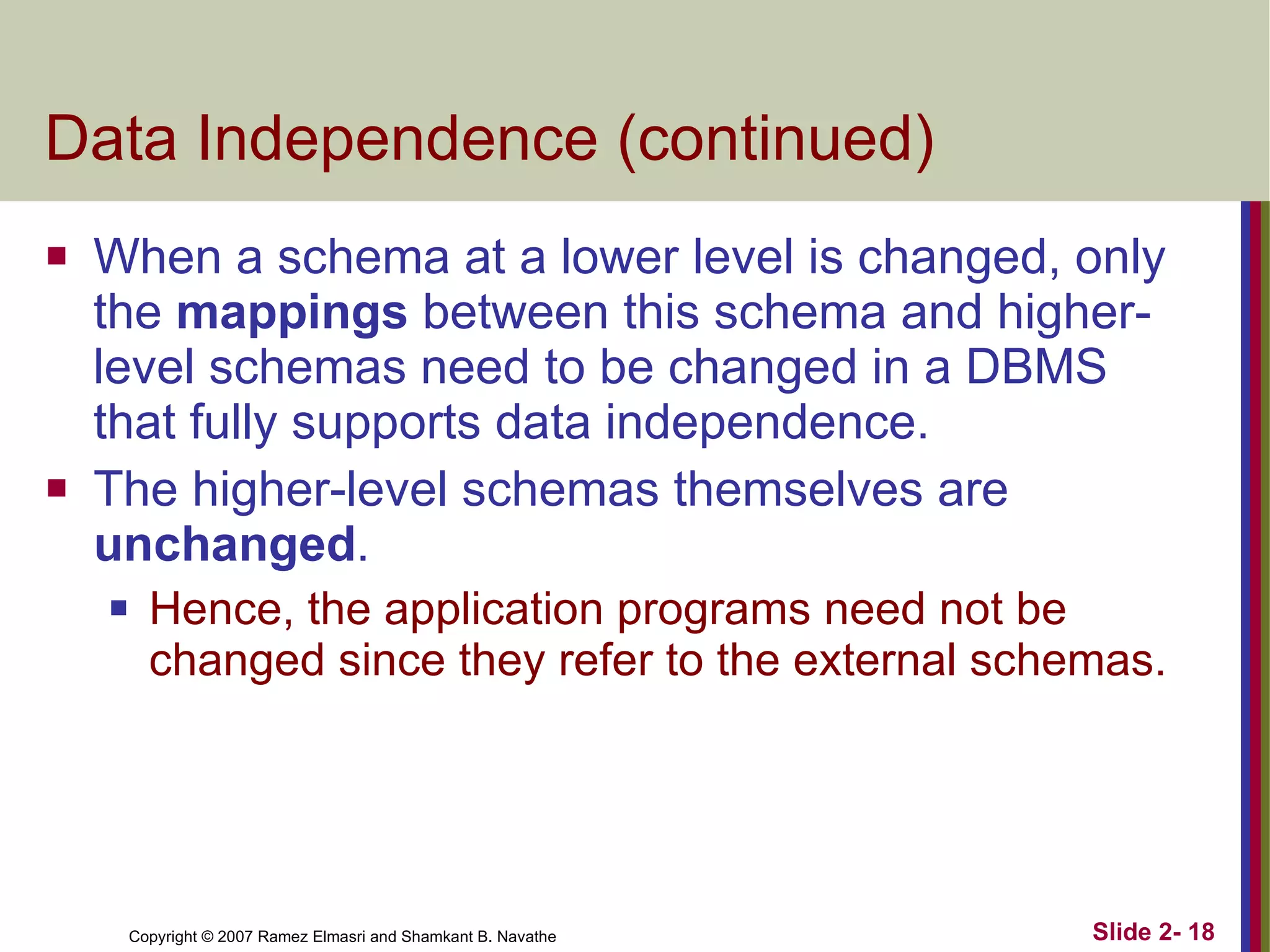 Data Independence (continued) When a schema at a lower level is changed, only the  mappings  between this schema and higher-level schemas need to be changed in a DBMS that fully supports data independence. The higher-level schemas themselves are  unchanged . Hence, the application programs need not be changed since they refer to the external schemas. 