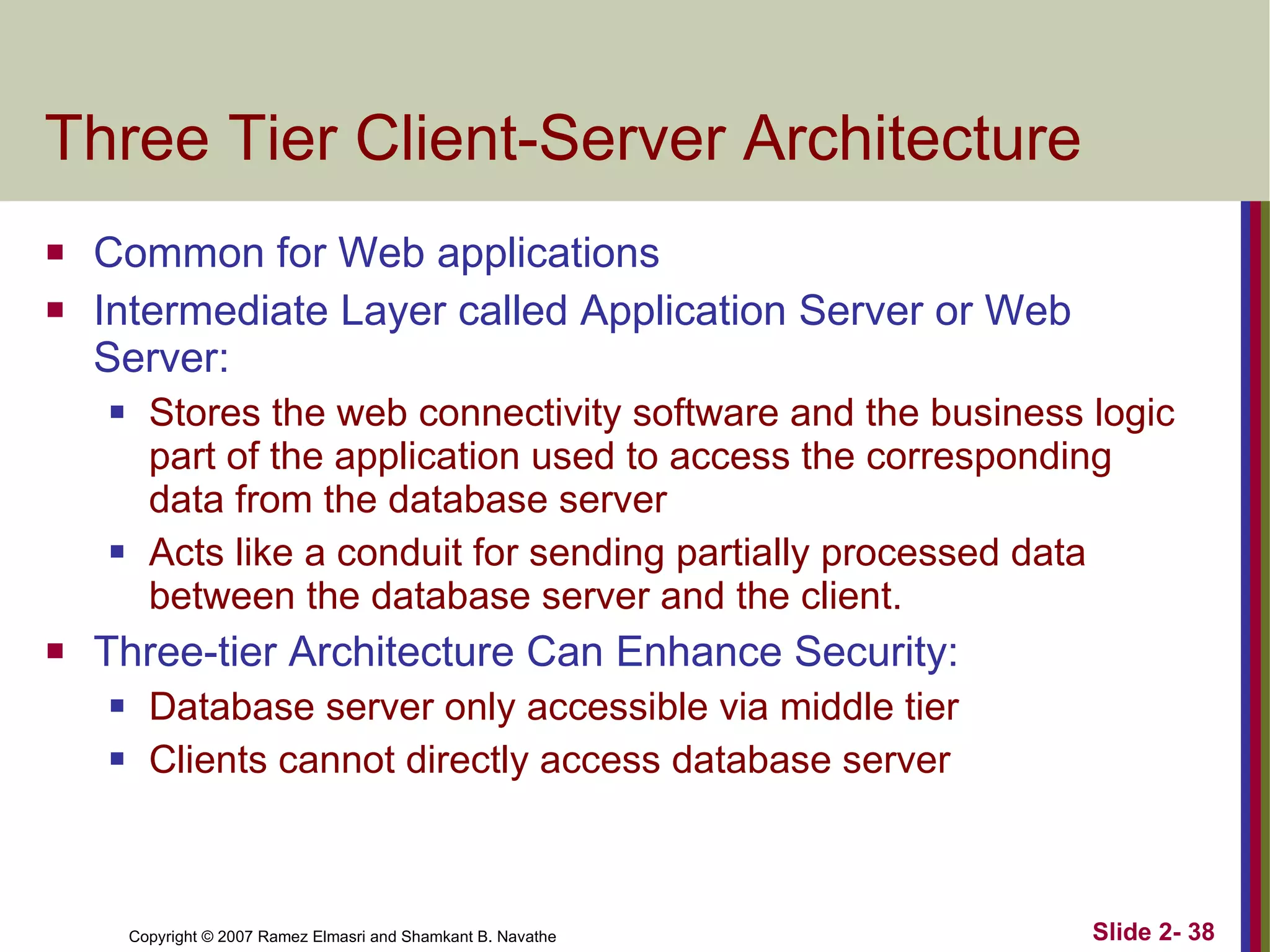 Three Tier Client-Server Architecture Common for Web applications Intermediate Layer called Application Server or Web Server:  Stores the web connectivity software and the business logic part of the application used to access the corresponding data from the database server Acts like a conduit for sending partially processed data between the database server and the client. Three-tier Architecture Can Enhance Security:  Database server only accessible via middle tier Clients cannot directly access database server 