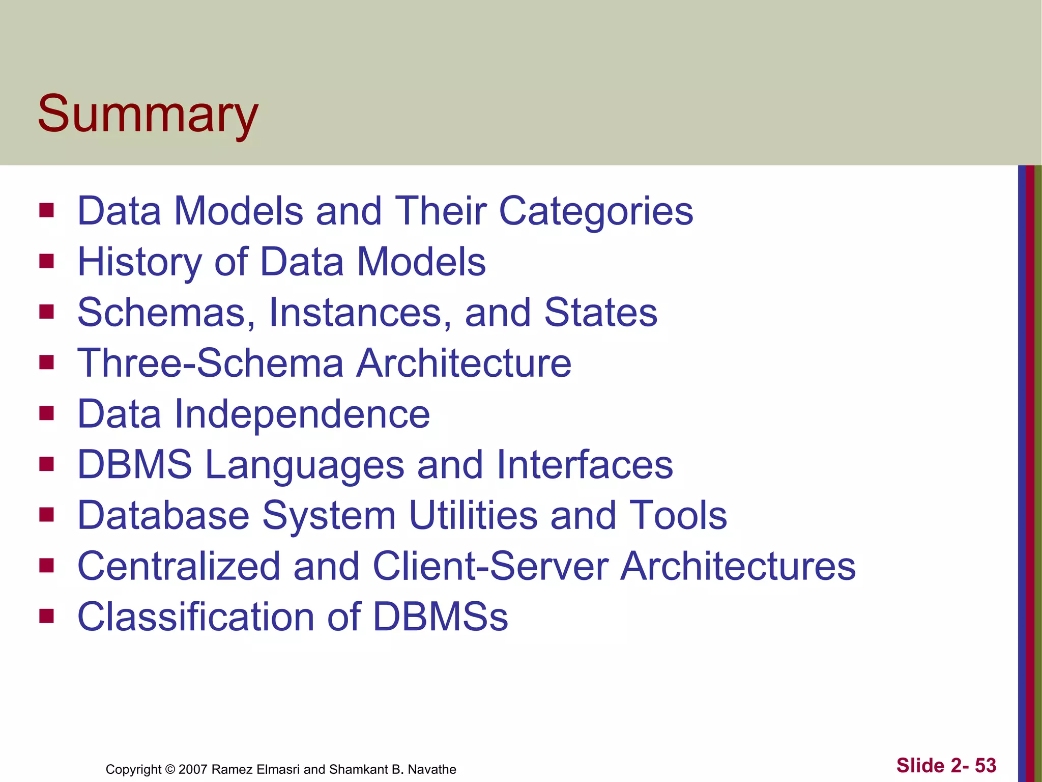 Summary Data Models and Their Categories History of Data Models Schemas, Instances, and States Three-Schema Architecture Data Independence DBMS Languages and Interfaces Database System Utilities and Tools Centralized and Client-Server Architectures Classification of DBMSs 