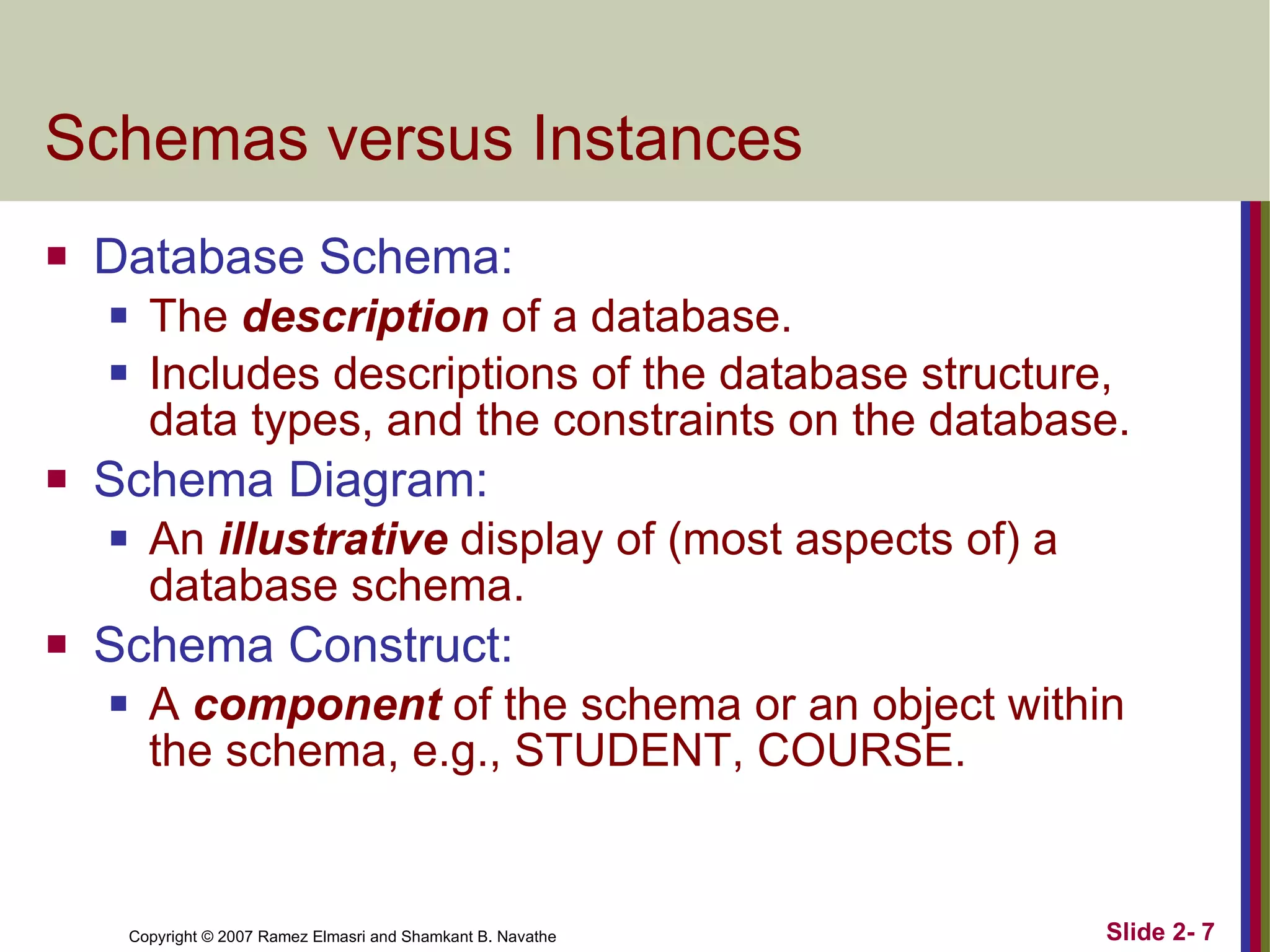 Schemas versus Instances Database Schema: The  description  of a database. Includes descriptions of the database structure, data types, and the constraints on the database. Schema Diagram: An  illustrative  display of (most aspects of) a database schema. Schema Construct: A  component  of the schema or an object within the schema, e.g., STUDENT, COURSE. 