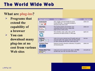The World Wide Web What are  plug-ins ? p. 89 Fig. 2-23 Programs that  extend the  capability of  a browser You can  download many  plug-ins at no cost from various Web sites Next 