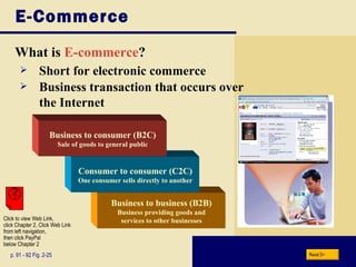 E-Commerce What is  E-commerce ? Business to business (B2B) Business providing goods and services to other businesses Consumer to consumer (C2C) One consumer sells directly to another p. 91 - 92 Fig. 2-25 Business to consumer (B2C) Sale of goods to general public Short for electronic commerce Business transaction that occurs over  the Internet Next Click to view Web Link, click Chapter 2, Click Web Link from left navigation,  then click PayPal below Chapter 2 