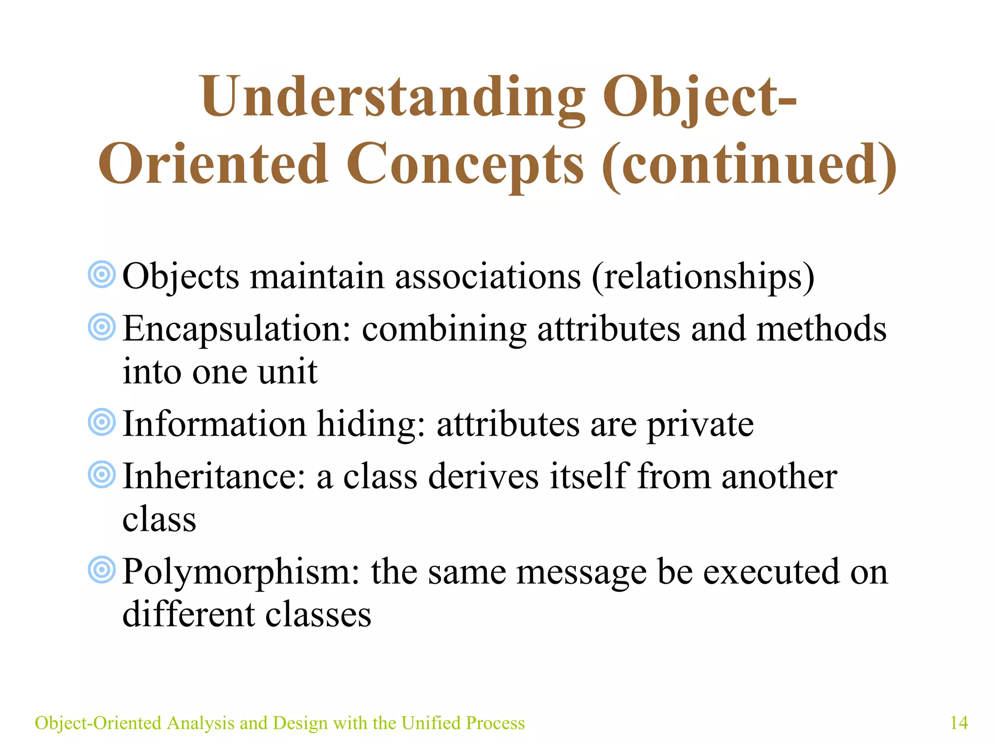 Understanding Object-Oriented Concepts (continued) Objects maintain associations (relationships) Encapsulation: combining attributes and methods into one unit Information hiding: attributes are private Inheritance: a class derives itself from another class Polymorphism: the same message be executed on different classes  Object-Oriented Analysis and Design with the Unified Process 