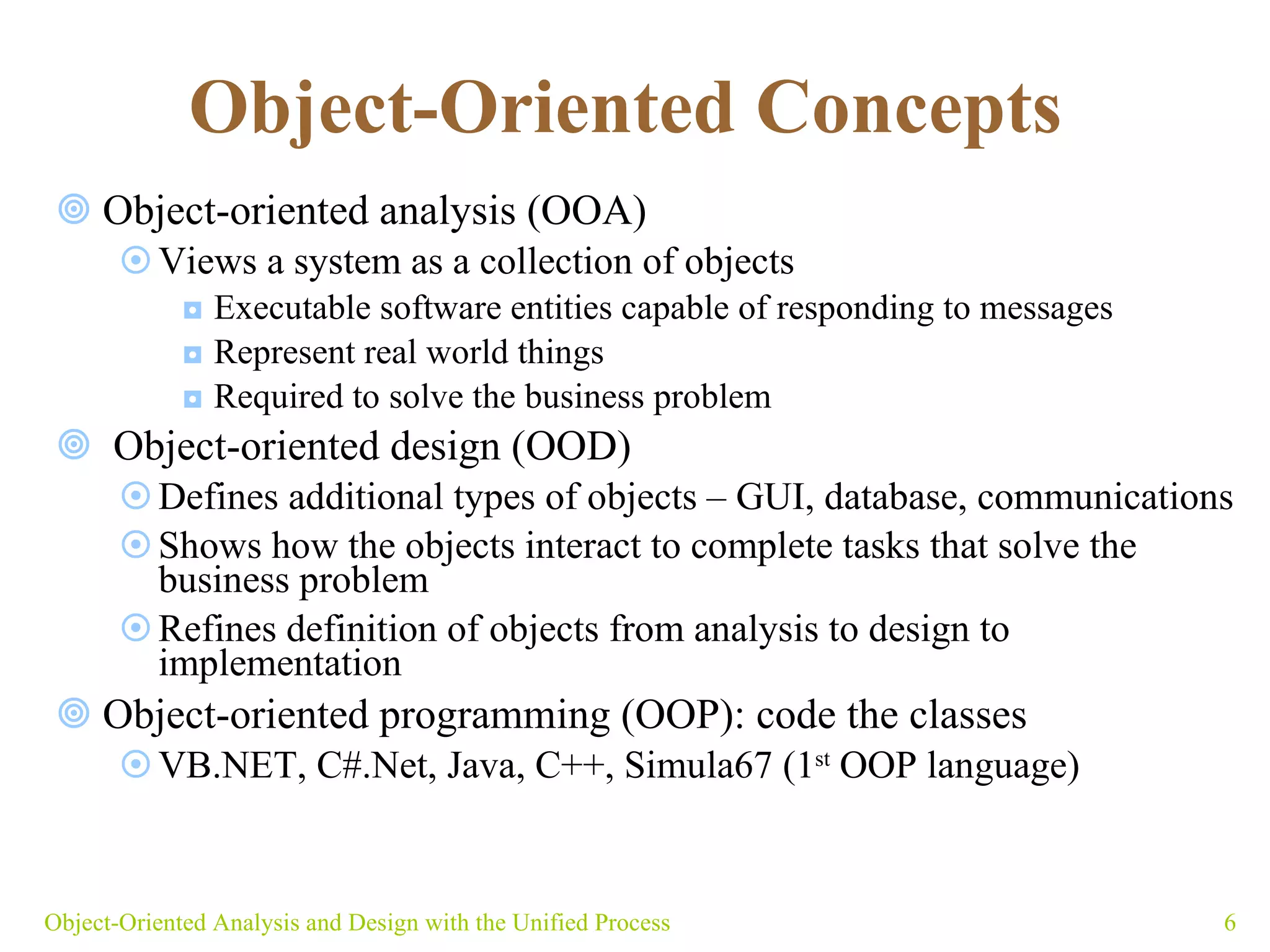 Object-Oriented Concepts   Object-oriented analysis (OOA) Views a system as a collection of objects Executable software entities capable of responding to messages Represent real world things Required to solve the business problem Object-oriented design (OOD) Defines additional types of objects – GUI, database, communications Shows how the objects interact to complete tasks that solve the business problem Refines definition of objects from analysis to design to implementation Object-oriented programming (OOP): code the classes VB.NET, C#.Net, Java, C++, Simula67 (1 st  OOP language) Object-Oriented Analysis and Design with the Unified Process 