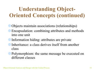 Understanding Object-Oriented Concepts (continued) Objects maintain associations (relationships) Encapsulation: combining attributes and methods into one unit Information hiding: attributes are private Inheritance: a class derives itself from another class Polymorphism: the same message be executed on different classes  Object-Oriented Analysis and Design with the Unified Process 