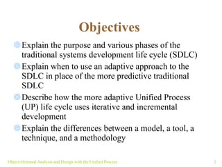 Objectives  Explain the purpose and various phases of the traditional systems development life cycle (SDLC) Explain when to use an adaptive approach to the SDLC in place of the more predictive traditional SDLC Describe how the more adaptive Unified Process (UP) life cycle uses iterative and incremental development Explain the differences between a model, a tool, a technique, and a methodology Object-Oriented Analysis and Design with the Unified Process 