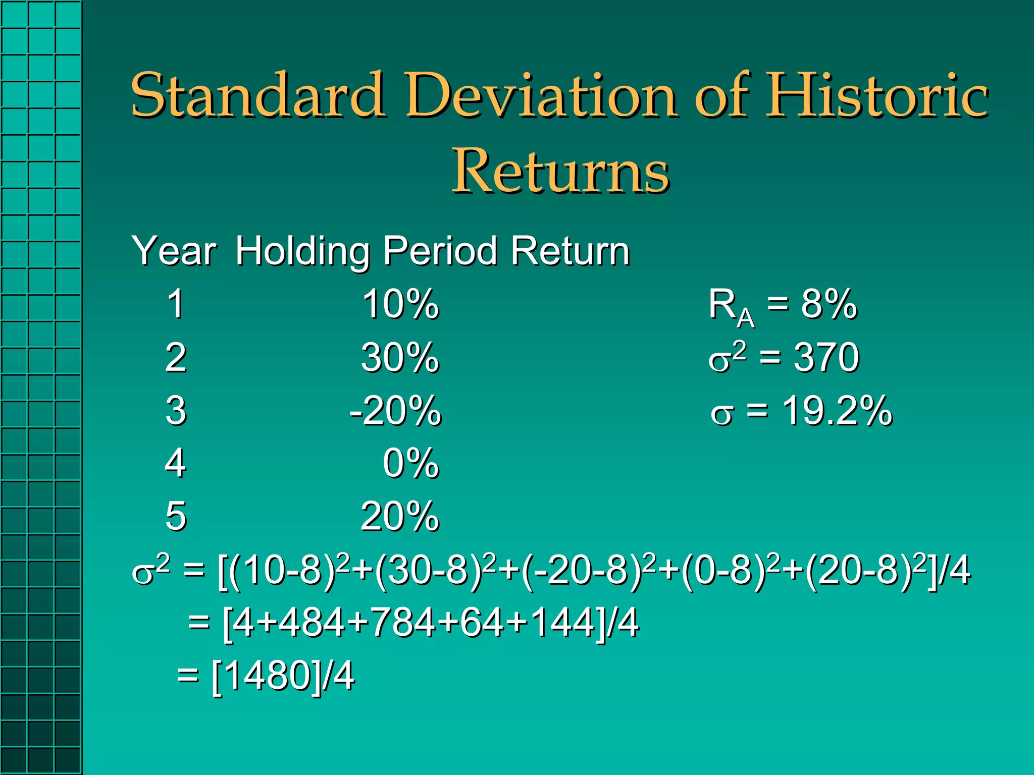 Standard Deviation of Historic
          Returns
Year Holding Period Return
  1           10%                RA = 8%
  2           30%                σ2 = 370
  3          -20%                σ = 19.2%
  4            0%
  5           20%
σ2 = [(10-8)2+(30-8)2+(-20-8)2+(0-8)2+(20-8)2]/4
   = [4+484+784+64+144]/4
   = [1480]/4
 