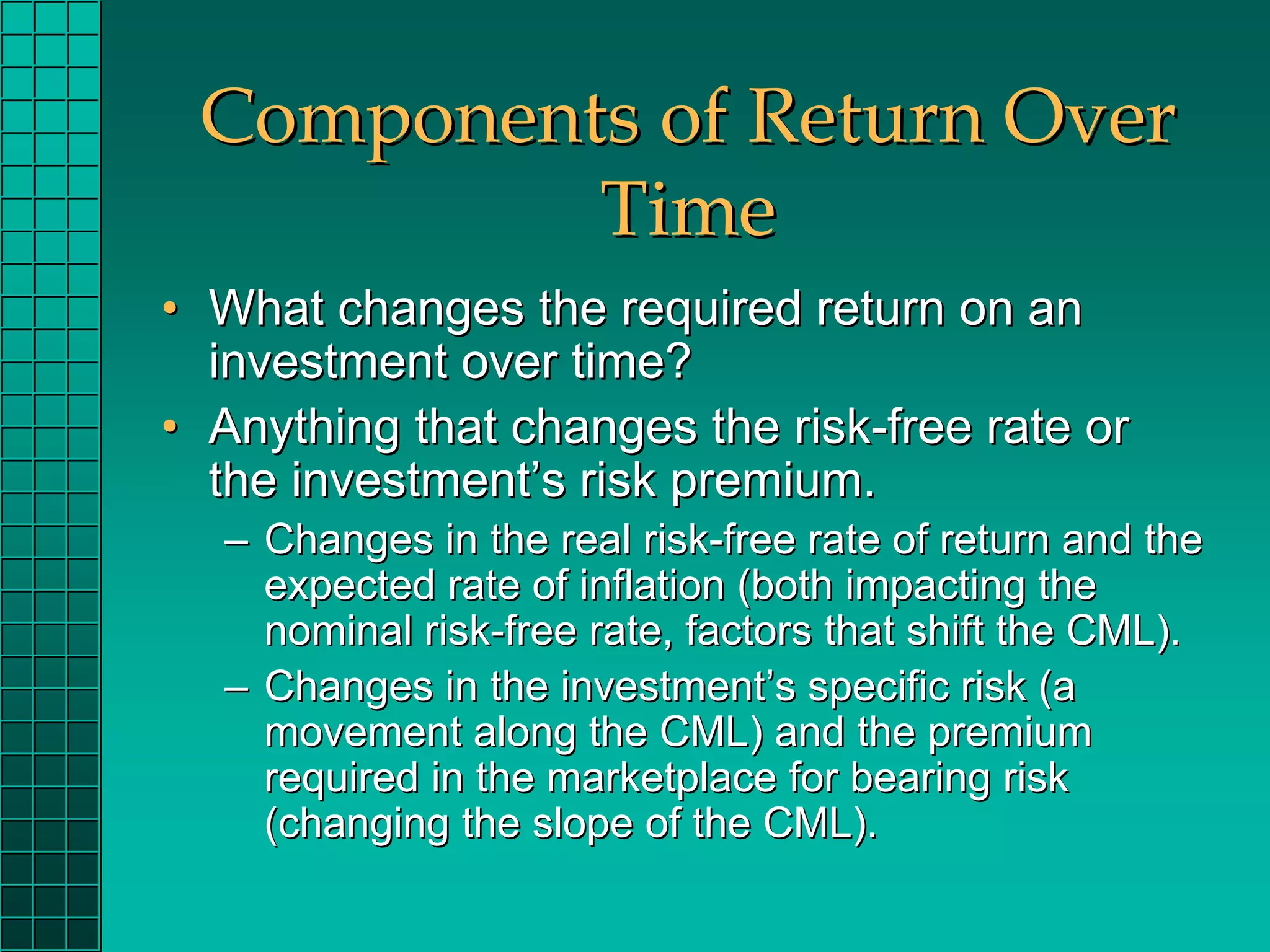 Components of Return Over
          Time
• What changes the required return on an
  investment over time?
• Anything that changes the risk-free rate or
  the investment’s risk premium.
  – Changes in the real risk-free rate of return and the
    expected rate of inflation (both impacting the
    nominal risk-free rate, factors that shift the CML).
  – Changes in the investment’s specific risk (a
    movement along the CML) and the premium
    required in the marketplace for bearing risk
    (changing the slope of the CML).
 