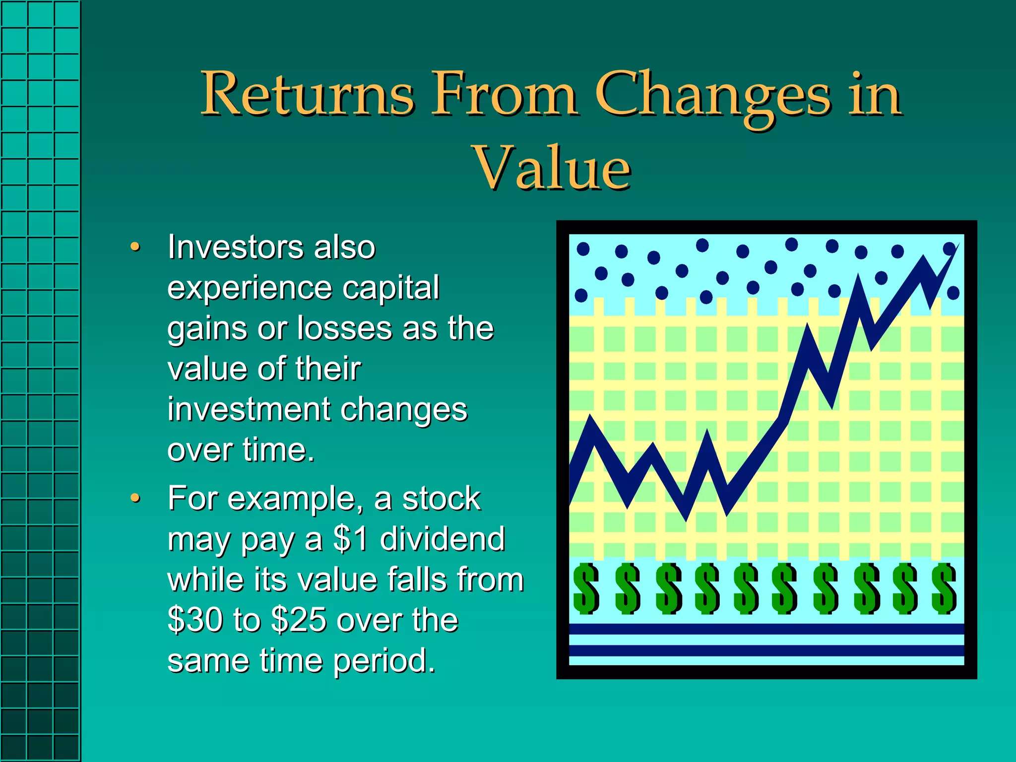 Returns From Changes in
             Value
• Investors also
  experience capital
  gains or losses as the
  value of their
  investment changes
  over time.
• For example, a stock
  may pay a $1 dividend
  while its value falls from
  $30 to $25 over the
  same time period.
 